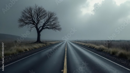A solitary tree stands sentinel beside a long, straight highway stretching towards a hazy horizon under a brooding sky.