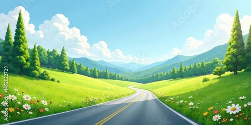 Serene Winding Road Through Lush Green Meadows and Rolling Hills Under a Sunny Sky