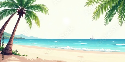 Serene Coastal Vista Palm Trees Frame a Tranquil Ocean Scene with a Distant Sailboat
