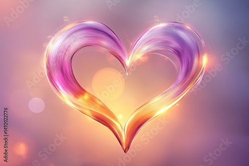 A glowing heart shape formed by two abstract, fluid gradient ribbons seamlessly blending warm pinks and purples against a soft, dreamy background. 