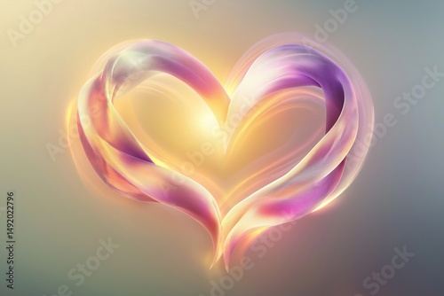 A glowing heart shape formed by two abstract, fluid gradient ribbons seamlessly blending warm pinks and purples against a soft, dreamy background. 