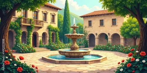 Serene Courtyard with Ornate Fountain and Lush Gardens, Featuring Classic Architecture and Tranquil Atmosphere