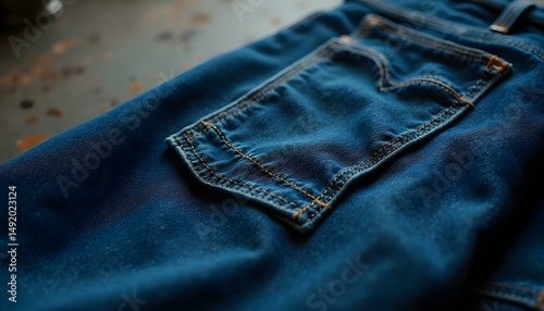 Denim fabric with distressed textures, visible stitching, and faded indigo gradients .