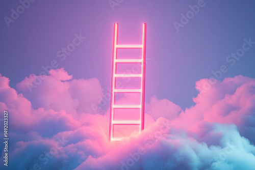 Neon pink ladder in dreamy pink and blue clouds