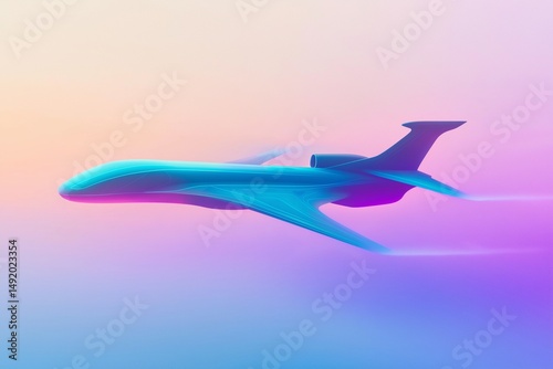 A futuristic airplane illustration with smooth gradient transitions, blending vibrant blues and purples against a soft sky backdrop. 