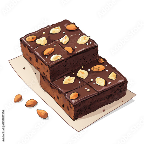 Create a bold, vector illustration of a square brownie, emphasizing a thick, dark outline. Include realistic texture details.