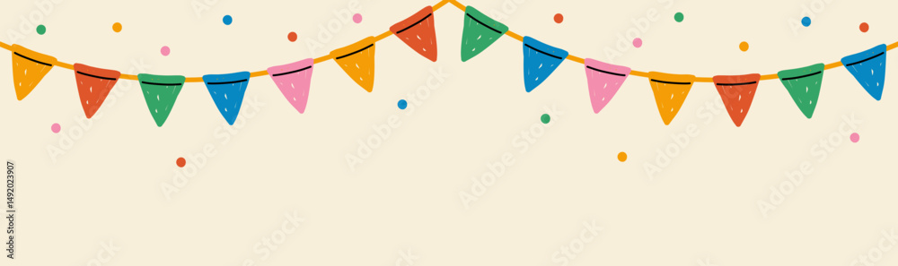 Modern garland of colorful multicolored bright triangle flags with round confetti drawn with flat brush on a light background; festive background, simple hand drawn illustration, flat style