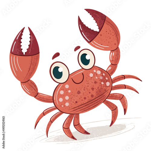 Create a bold, vector illustration of a cartoon crab with a wide, whimsical grin.  Include highly detailed claws and expressive eyes.