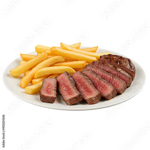 Sliced Grilled Steak with Golden Brown French Fries on White Plate photo