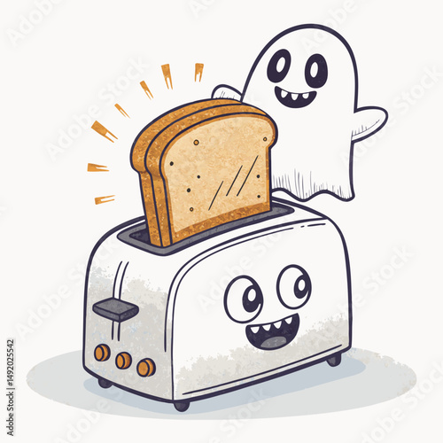 Create a vector illustration of a bold, cartoonish ghost-shaped piece of toast with a thick, black outline.  Ensure a playful, friendly style.