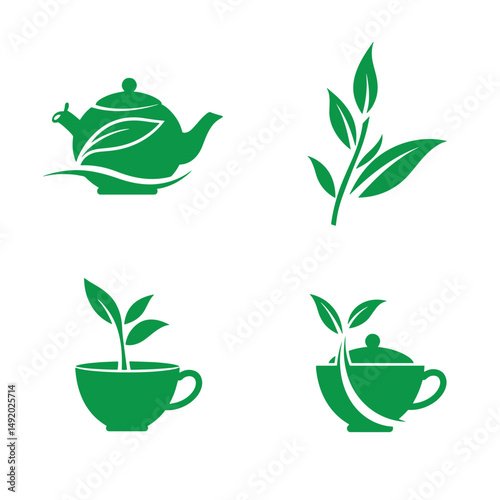 Green tea logo set featuring teapot tea cup and leaf silhouettes