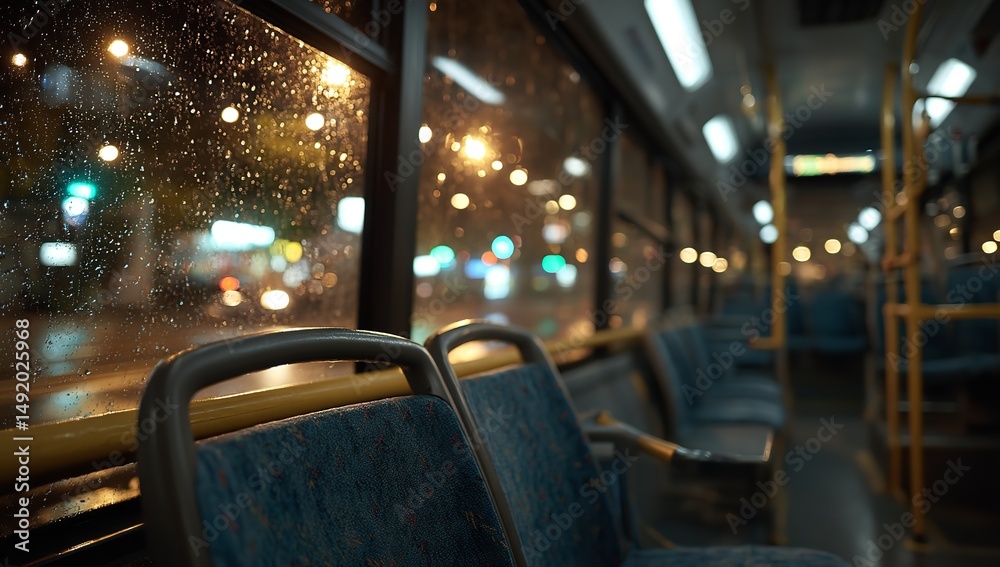 Fototapeta premium Empty Bus Interior with Yellow Handrails and City Lights Outside at Night