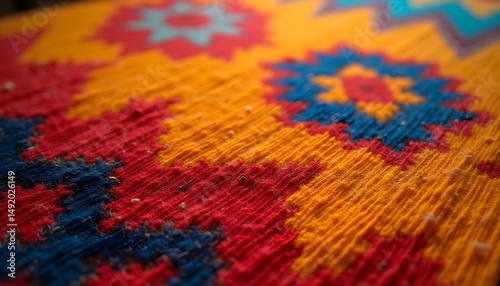 Handwoven ethnic textile with vibrant geometric patterns and visible thread details .