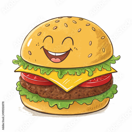 Create a vector illustration of a bold, cartoon hamburger with a wide, thick stroke.  Include sesame seeds and juicy details.