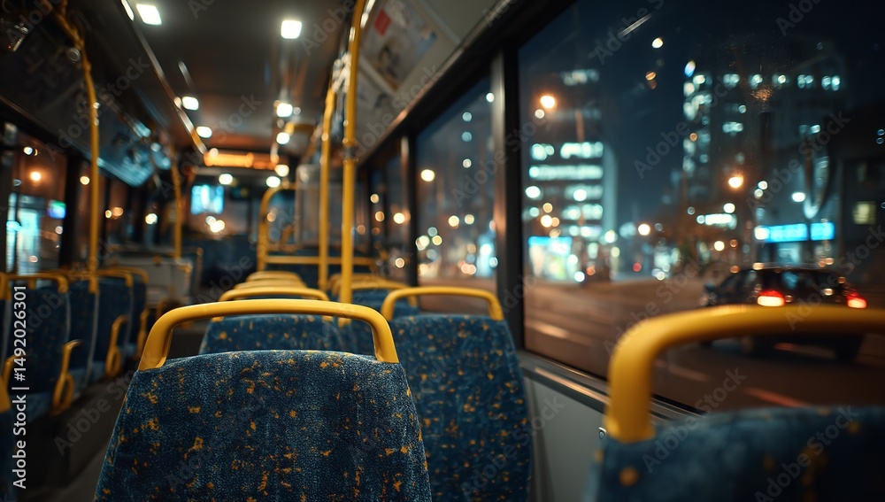 Fototapeta premium Empty Bus Interior with Yellow Handrails and City Lights Outside at Night