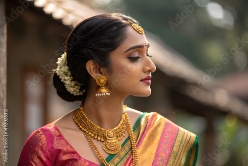 Portrait of a beautiful smiling Indian woman wearing traditional Kerala saree with gold jewelry, Indian traditional