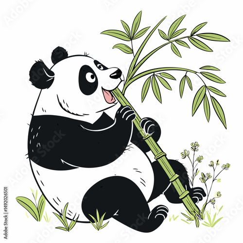 Create a vector illustration of a bold, cartoon panda happily eating bamboo, with thick black outlines and vibrant colors.