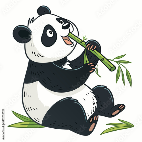 Create a vector illustration of a cute, cartoon panda happily eating bamboo, featuring a bold, black stroke outline.