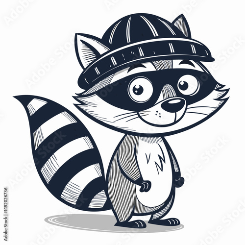 Create a bold, vector illustration of a cartoon raccoon with a mischievous grin, thick black outlines, and simplified features.  Focus on a playful, friendly style.