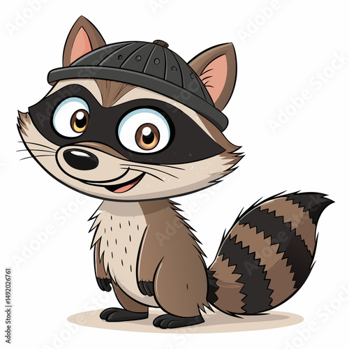 Create a vector illustration of a bold, cartoon raccoon with a mischievous grin, featuring thick black outlines.
