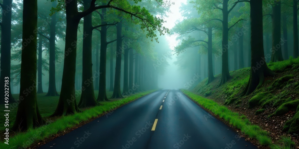 Fototapeta premium Serene Misty Forest Road A Mystical Journey Through Verdant Trees and a Path Leading to an Unknown Destination