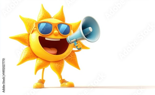 sun character with sunglasses and megaphone on white background for summer promotion