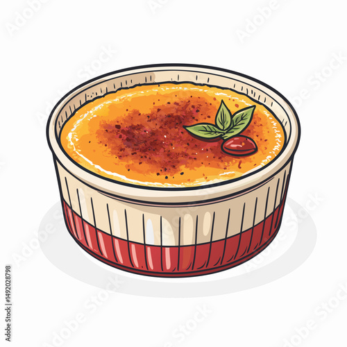 Create a bold vector illustration of a crème brûlée in a ramekin.  Focus on strong, clean lines and a vibrant color palette.