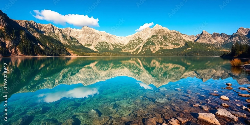 Fototapeta premium Crystal clear alpine lake, Julian Alps reflection, reflection, pristine