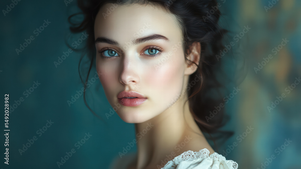 Fototapeta premium Elegant Portrait of Beauty: A captivating portrait of a woman exudes grace and poise, her expressive eyes and radiant complexion enhanced by soft lighting.
