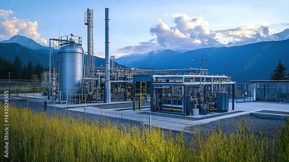 Obraz premium Mountainous refinery processing gas at dusk