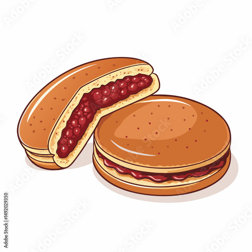 Create a bold, vector illustration of a dorayaki filled with red bean paste.  Focus on clean lines and a striking visual.