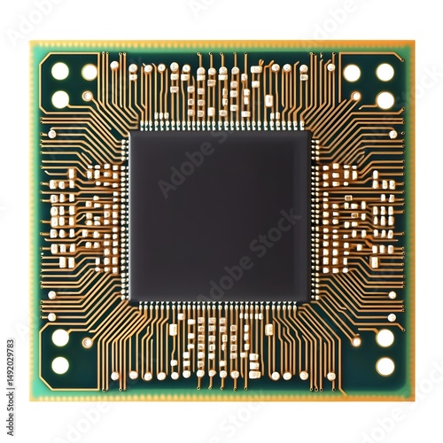 Close up view of a microchip showcasing intricate circuit design. for technology and electronics themes, cutout, isolated on white background 