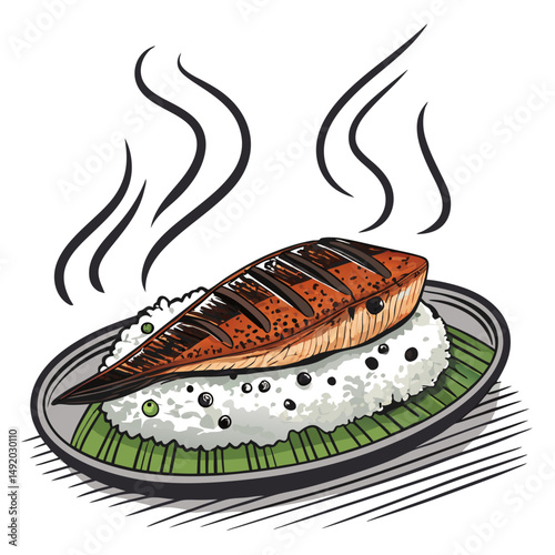 Create a bold, vector illustration of a grilled unagi (eel) fish, showcasing its charred texture and glistening surface.  Emphasis on thick, black outlines.