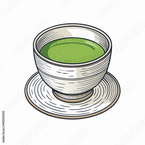 Create a bold, vector illustration of a traditional Japanese teacup, emphasizing strong outlines and clean lines.  Include subtle details for realism.