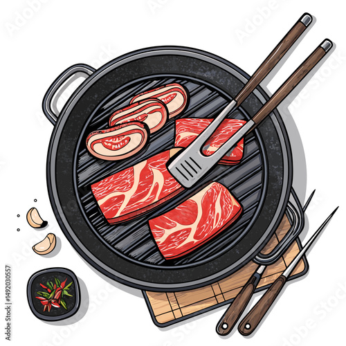 Create a bold, vector illustration of a Korean BBQ grill with visible grill grates and a thick, black stroke.  Include realistic details.