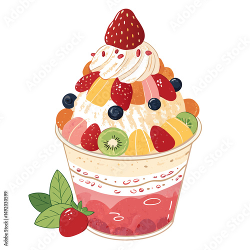 Create a bold, vector illustration of a Korean Bingsu dessert, emphasizing shaved ice texture with thick outlines.  Include toppings like red bean, fruits, and condensed milk.