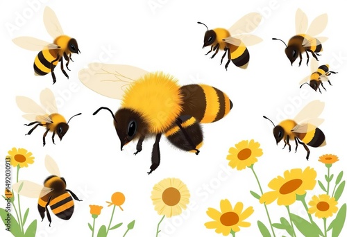 Collection of flat-style bee illustrations, perfect for educational or decorative projects Ample white space, insect, educational