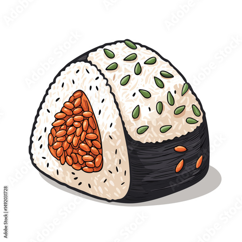 Create a bold, vector illustration of a Korean rice ball (Kimbap or Ju-meokbap), emphasizing strong outlines and clean lines.