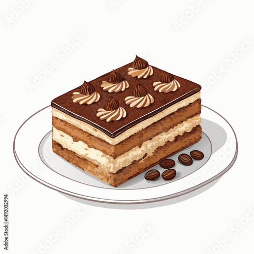 Create a bold, layered vector illustration of a classic tiramisu dessert.  Show distinct cocoa powder, ladyfingers, and creamy mascarpone layers.