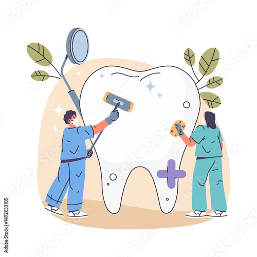 Vector dentist character at teeth cleaning or tooth brushing hygienic procedure. Oral clinic and mouth cosmetic dentistry clean. People with brush and gel polish teeth. Brightening and bleaching.