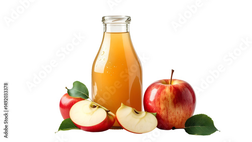 Delicious apple juice and fresh apples in a glass bottle