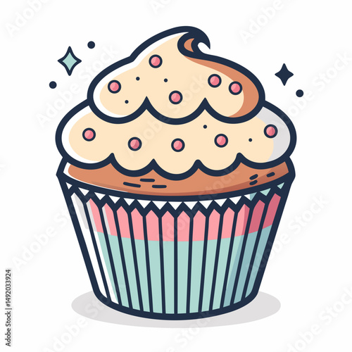 Create a bold, vector icon of a muffin in a paper cup; strong outlines, clean lines, simple design.