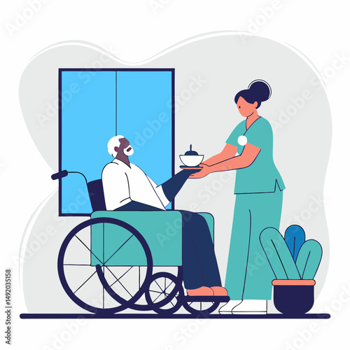 A kind nurse gently feeds an elderly Black American man in a wheelchair at home. Illustrated in flat style with soft colors, clean lines, and a minimal background for a warm, caring feel.