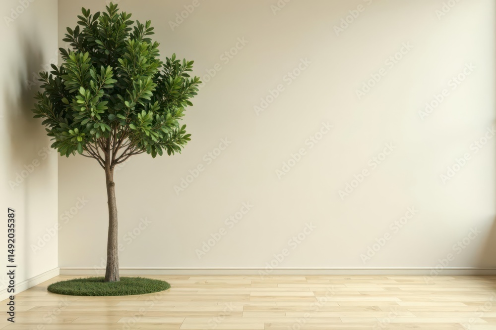 Obraz premium Serene Indoor Scene Featuring a Small Tree Planted in a Circular Patch of Artificial Grass on Light Wood Flooring Against a Neutral Wall