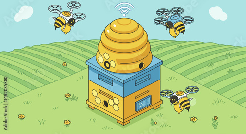 Smart Beehive with Drone Bees Monitoring Agricultural Fields - Tech Nature Vector Art