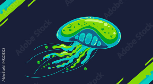 Stylized Jellyfish with Green Bell and Flowing Blue and Green Tentacles - Tech Nature Vector Art