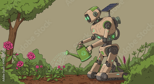 SolarPowered Robot Gardener Tending Roses - Tech Nature Vector Art