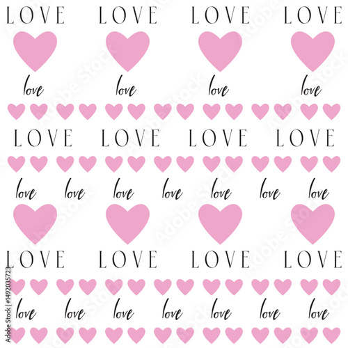 Pink heart with love and small Valentine heart seamless pattern.