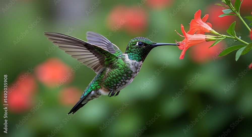 Obraz premium Hummingbird's Embrace: Emerald Jewel in Coral Bloom
