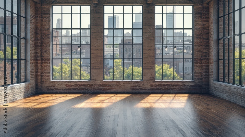 Fototapeta premium Empty loft, city view, sunlight, hardwood floor, urban background, interior design